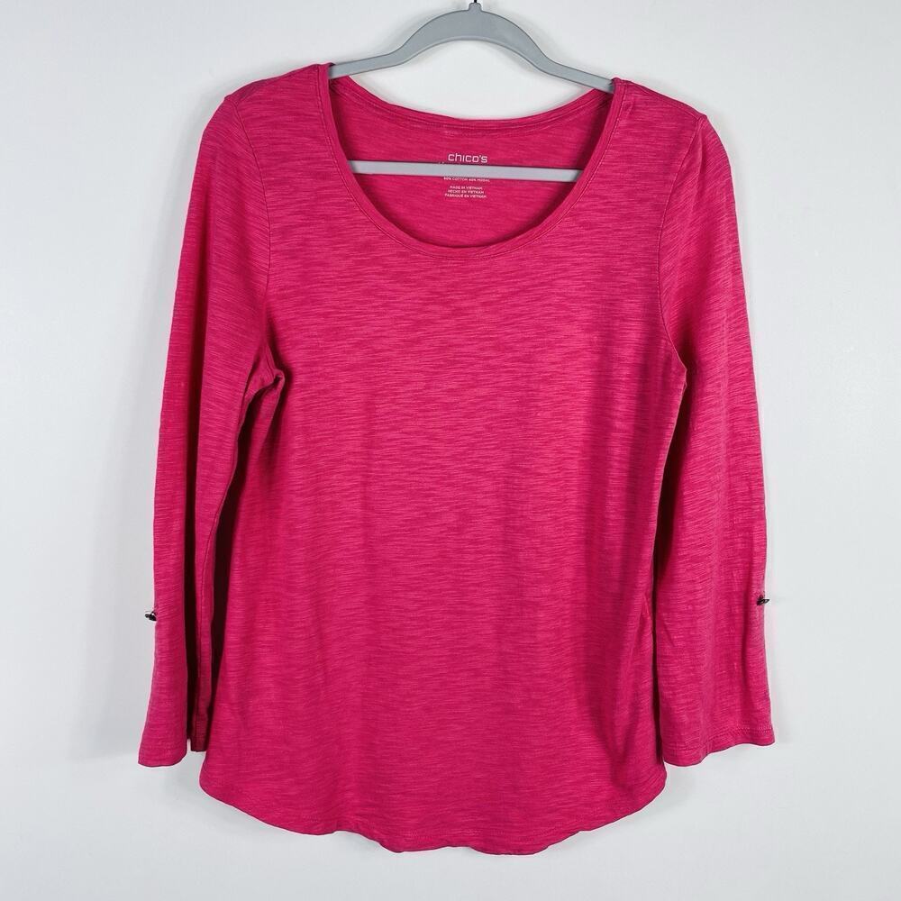 Chico's Size Small 4 0 Revi Slub Roll Tab Sleeve Ultimate Tee Top Pink